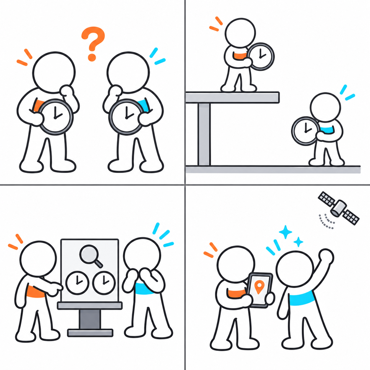二人が同じ形の時計を持ち、首をかしげて比べている。頭の周りに疑問符。